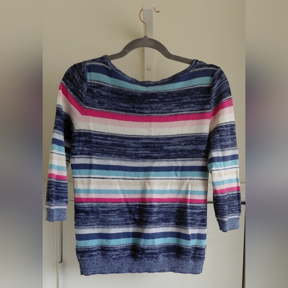 Chaps Navy and Pink Striped Women's Sweater Petite Medium